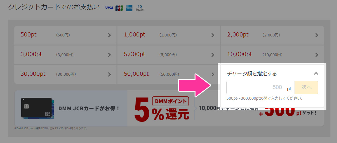 チャージ額を1ポイント単位で指定する画面